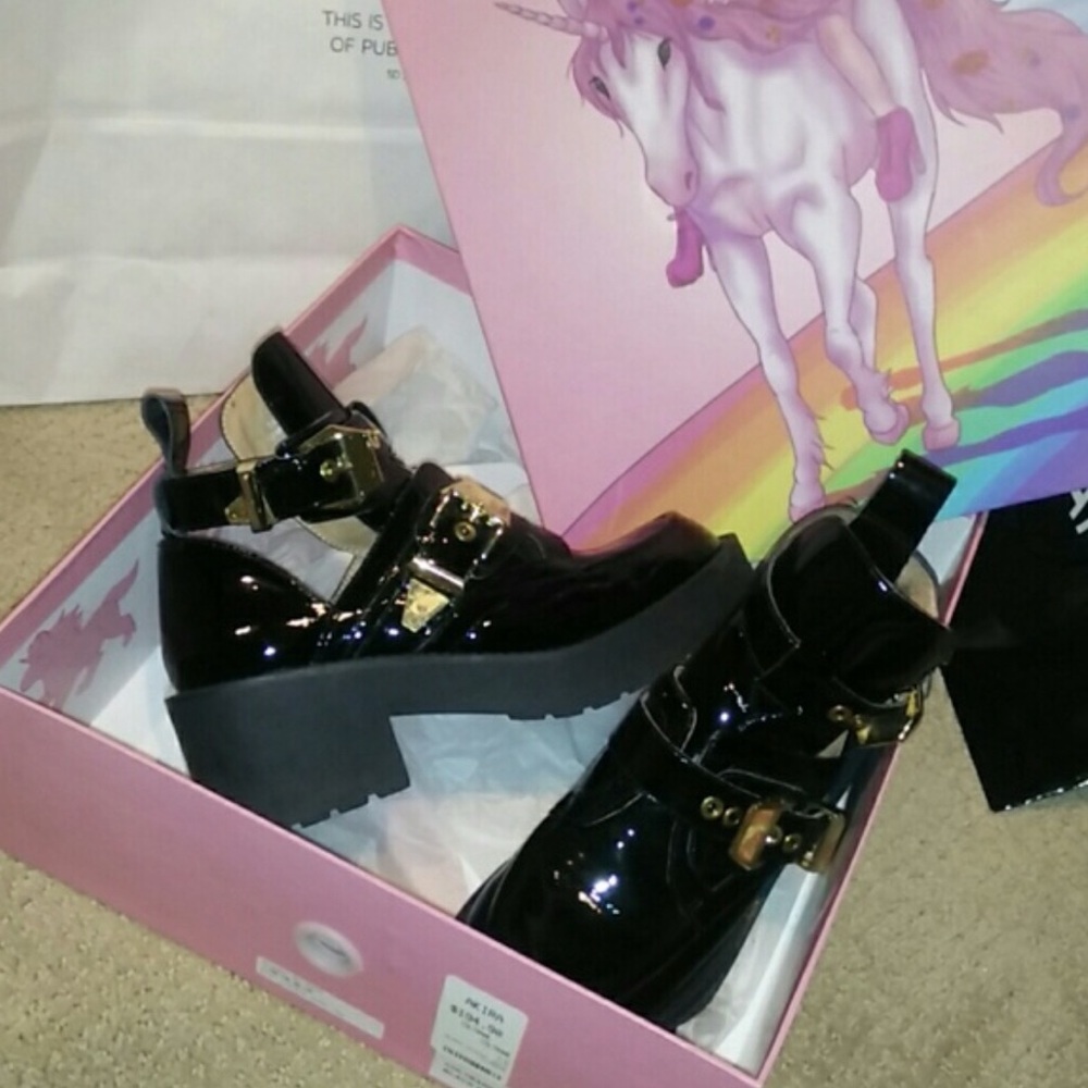 Jeffrey Campbell Black Patent Ankle Boots with Gold Accents